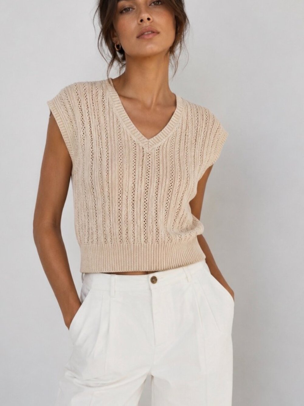 Joie Beige Knit V‑Neck Cap Sleeve Sweater Tank